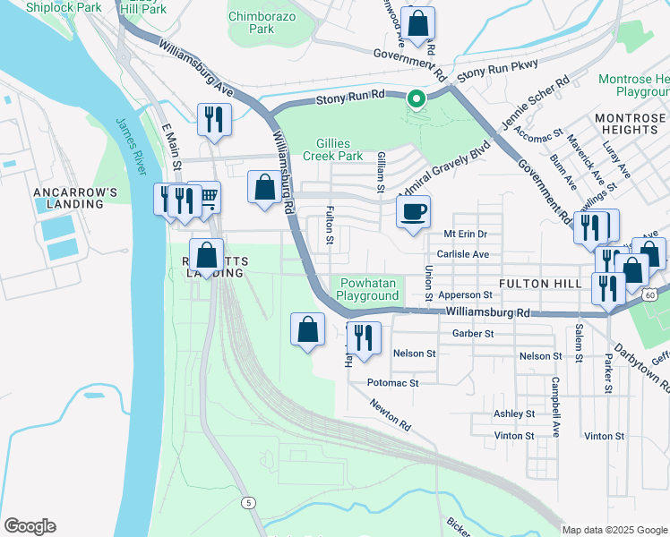 map of restaurants, bars, coffee shops, grocery stores, and more near 605 Louisiana Street in Richmond