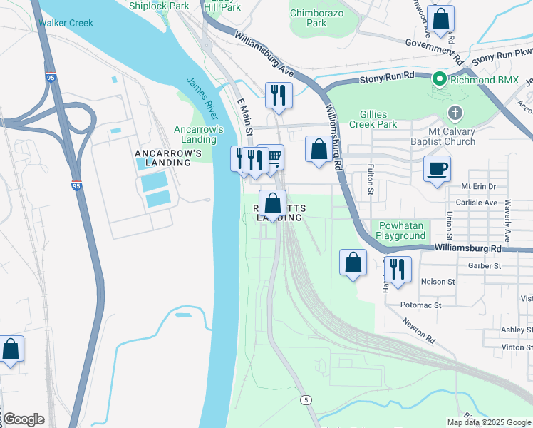 map of restaurants, bars, coffee shops, grocery stores, and more near 4845 Old Main Street in Richmond