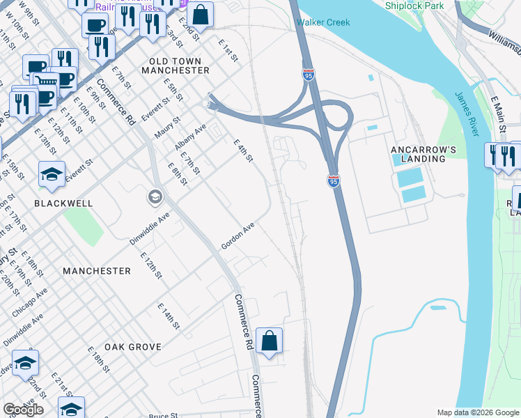 map of restaurants, bars, coffee shops, grocery stores, and more near 750 East 6th Street in Richmond