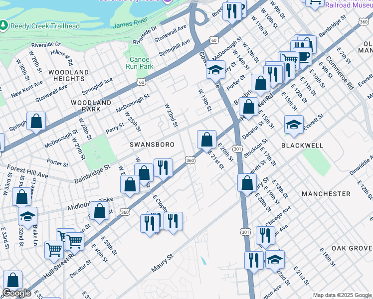 map of restaurants, bars, coffee shops, grocery stores, and more near 55 W Pilkington St in Richmond