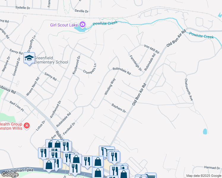 map of restaurants, bars, coffee shops, grocery stores, and more near 1637 Winding Way in Richmond