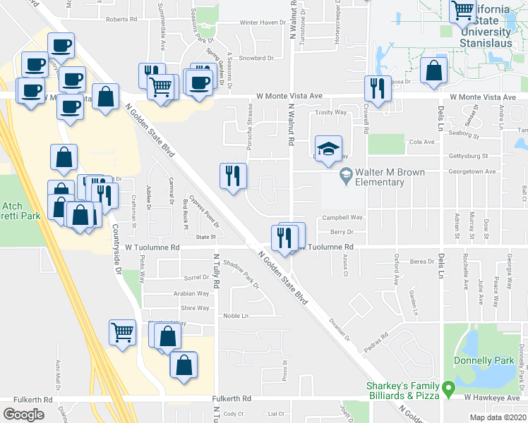 map of restaurants, bars, coffee shops, grocery stores, and more near 2580 Porsche Strasse in Turlock