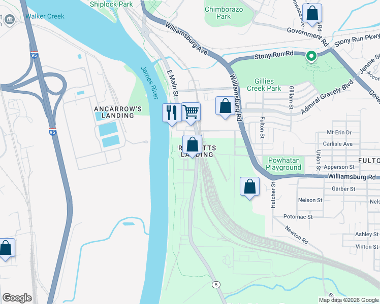 map of restaurants, bars, coffee shops, grocery stores, and more near 4845 Old Main Street in Richmond