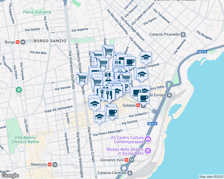 map of restaurants, bars, coffee shops, grocery stores, and more near 12 Viale Vittorio Veneto in Catania
