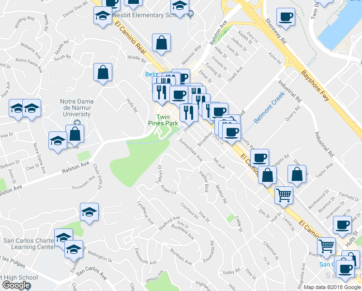 map of restaurants, bars, coffee shops, grocery stores, and more near 1324 Sunnyslope Ave in Belmont