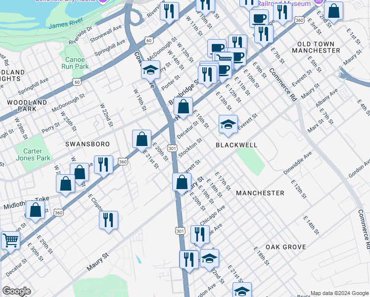 map of restaurants, bars, coffee shops, grocery stores, and more near 128 East 18th Street in Richmond