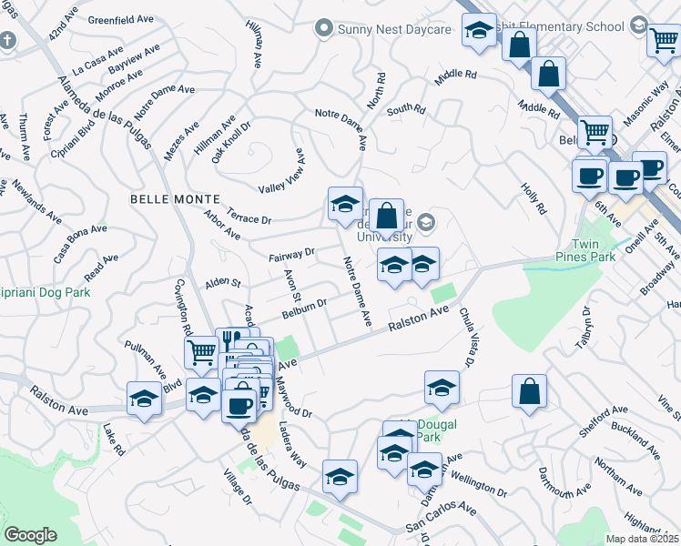 map of restaurants, bars, coffee shops, grocery stores, and more near 1611 Francis Avenue in Belmont