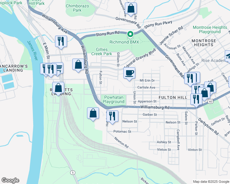 map of restaurants, bars, coffee shops, grocery stores, and more near 4903 Goddin Circle in Richmond