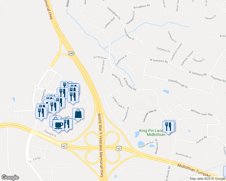 map of restaurants, bars, coffee shops, grocery stores, and more near 512 Diamond Creek Drive in Midlothian