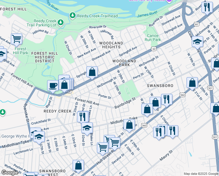 map of restaurants, bars, coffee shops, grocery stores, and more near 303 West 30th Street in Richmond