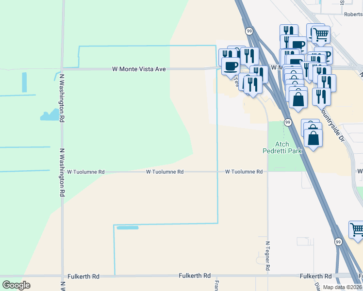 map of restaurants, bars, coffee shops, grocery stores, and more near 4013 West Tuolumne Road in Turlock