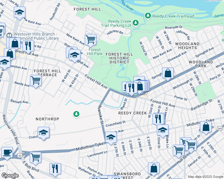 map of restaurants, bars, coffee shops, grocery stores, and more near 324 Forest Hill Avenue in Richmond
