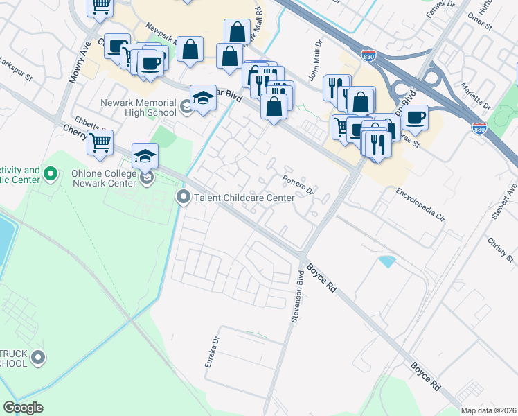 map of restaurants, bars, coffee shops, grocery stores, and more near 6381 Potrero Drive in Newark