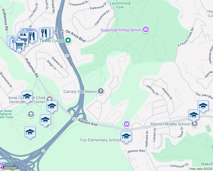 map of restaurants, bars, coffee shops, grocery stores, and more near 4107 Skymont Drive in Belmont