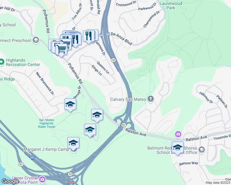 map of restaurants, bars, coffee shops, grocery stores, and more near 48 Lakewood Circle in San Mateo
