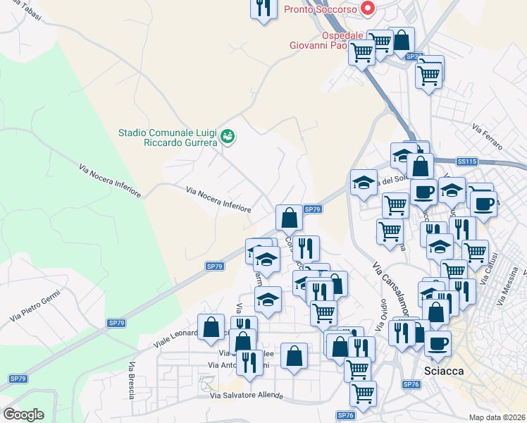 map of restaurants, bars, coffee shops, grocery stores, and more near Via Nocera Inferiore in Libero consorzio comunale di Agrigento