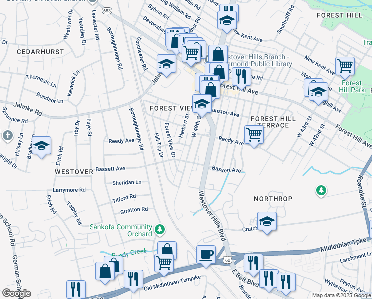 map of restaurants, bars, coffee shops, grocery stores, and more near 810 West 49th Street in Richmond