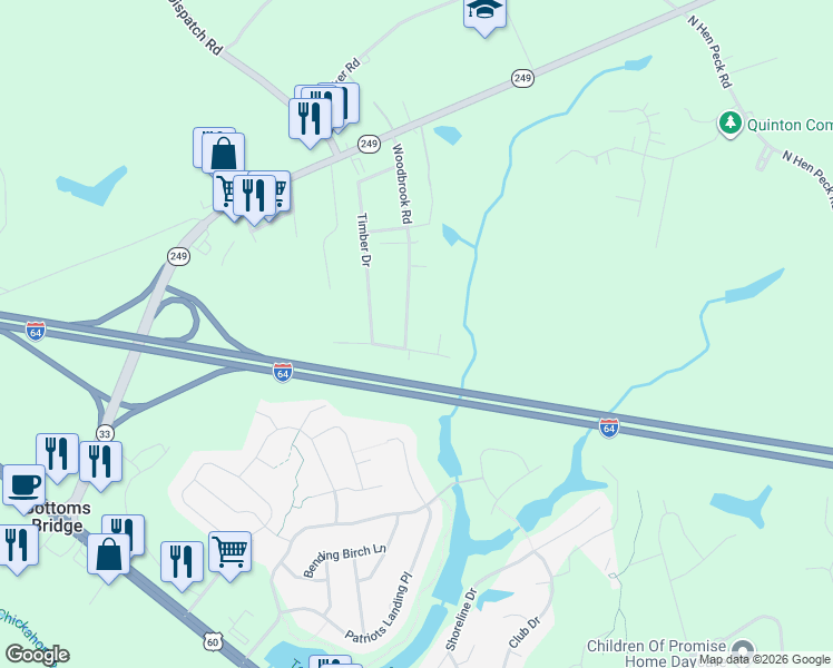 map of restaurants, bars, coffee shops, grocery stores, and more near 7708 Woodbrook Road in Quinton