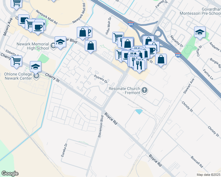 map of restaurants, bars, coffee shops, grocery stores, and more near 39882 Potrero Drive in Newark