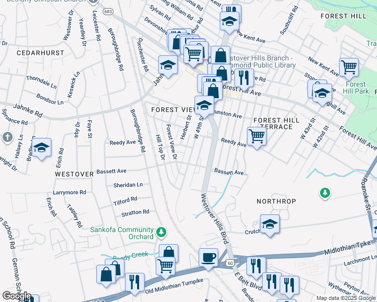 map of restaurants, bars, coffee shops, grocery stores, and more near 810 West 49th Street in Richmond