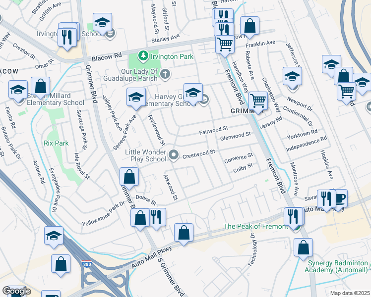 map of restaurants, bars, coffee shops, grocery stores, and more near 4354 Hardwood Street in Fremont