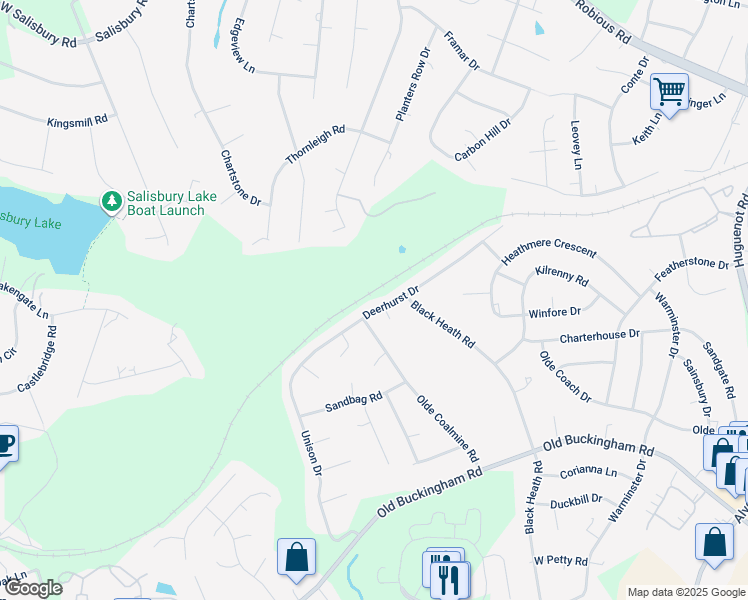 map of restaurants, bars, coffee shops, grocery stores, and more near 12100 Deerhurst Drive in Midlothian