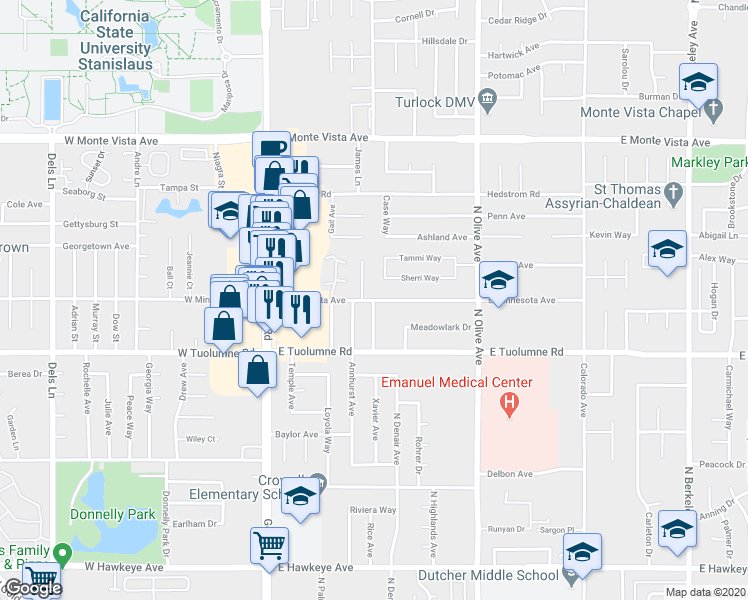 map of restaurants, bars, coffee shops, grocery stores, and more near 401 East Minnesota Avenue in Turlock