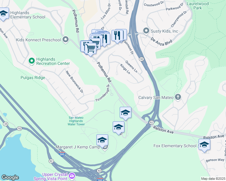 map of restaurants, bars, coffee shops, grocery stores, and more near 2377 Ticonderoga Drive in San Mateo