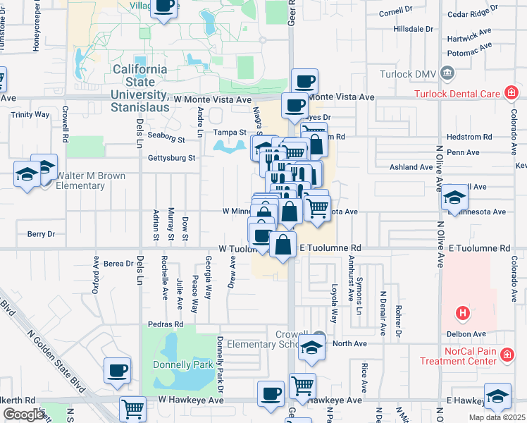 map of restaurants, bars, coffee shops, grocery stores, and more near 25 West Minnesota Avenue in Turlock