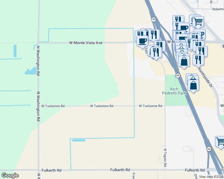 map of restaurants, bars, coffee shops, grocery stores, and more near 4013 West Tuolumne Road in Turlock