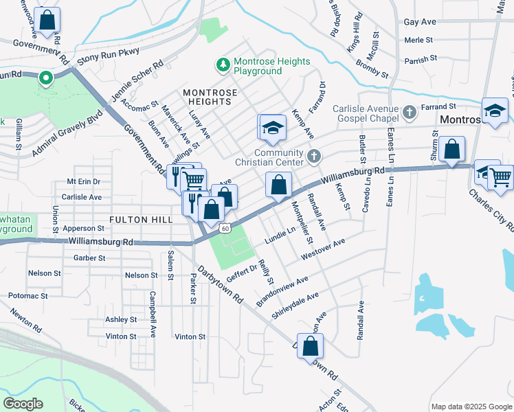 map of restaurants, bars, coffee shops, grocery stores, and more near 1818 Williamsburg Road in Richmond