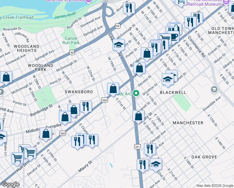 map of restaurants, bars, coffee shops, grocery stores, and more near 2032-2098 Hull St in Richmond