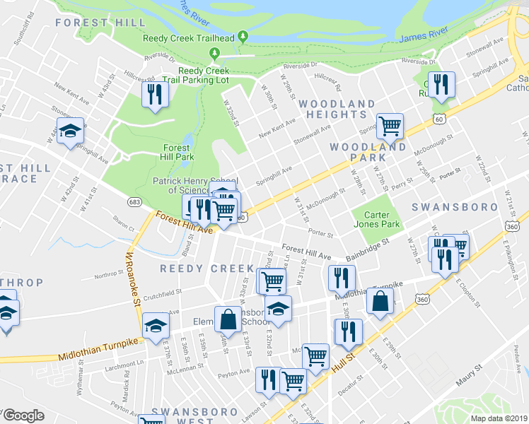 map of restaurants, bars, coffee shops, grocery stores, and more near 3214 Semmes Avenue in Richmond