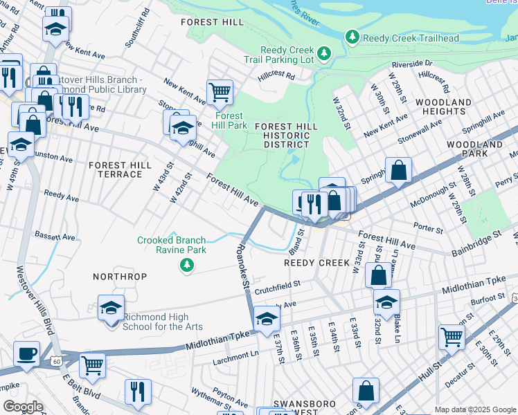 map of restaurants, bars, coffee shops, grocery stores, and more near 4000 Forest Hill Avenue in Richmond