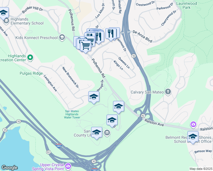 map of restaurants, bars, coffee shops, grocery stores, and more near 2377 Ticonderoga Drive in San Mateo