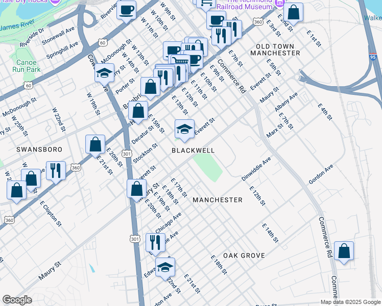 map of restaurants, bars, coffee shops, grocery stores, and more near 300 East 16th Street in Richmond