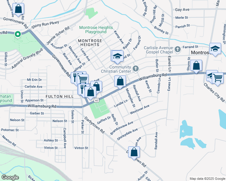 map of restaurants, bars, coffee shops, grocery stores, and more near 1818 Williamsburg Road in Richmond