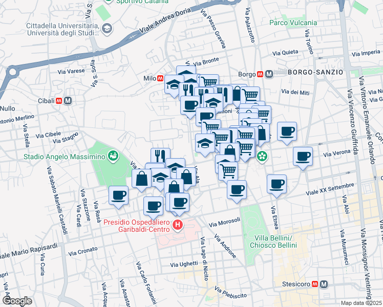 map of restaurants, bars, coffee shops, grocery stores, and more near 67 Via Ala in Catania