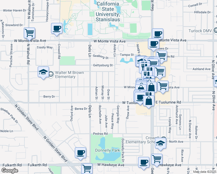 map of restaurants, bars, coffee shops, grocery stores, and more near 598 West Minnesota Avenue in Turlock