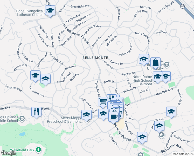 map of restaurants, bars, coffee shops, grocery stores, and more near 732 Alameda de las Pulgas in Belmont