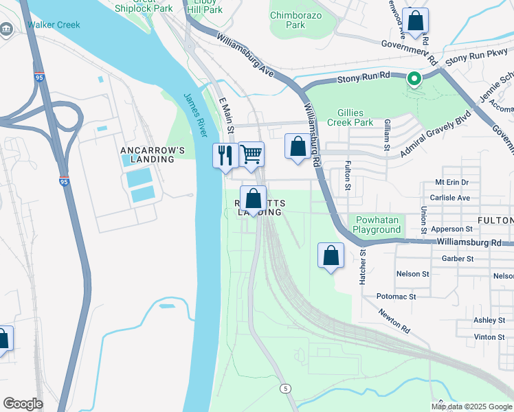 map of restaurants, bars, coffee shops, grocery stores, and more near 220 Rocketts Way in Richmond