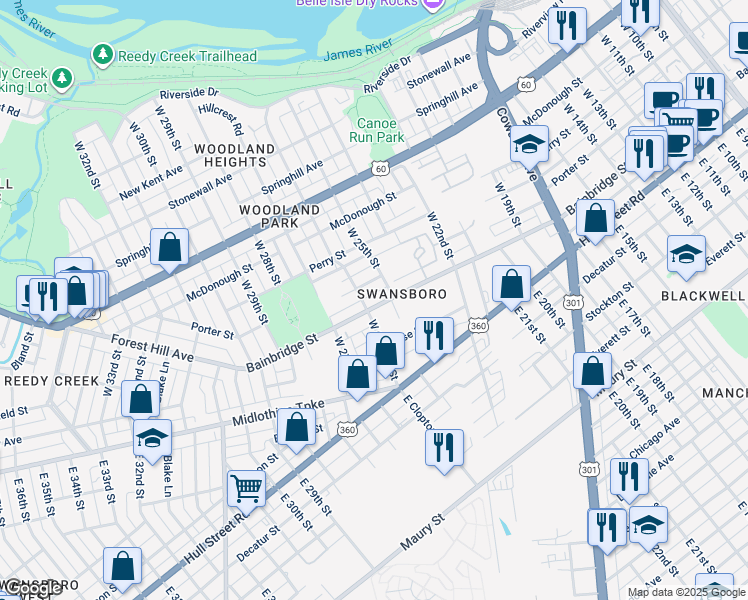 map of restaurants, bars, coffee shops, grocery stores, and more near 2515 Bainbridge Street in Richmond