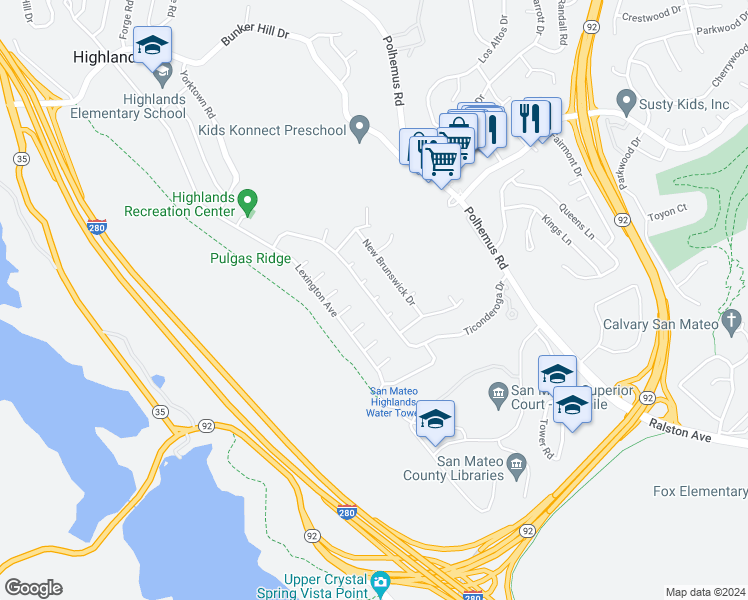 map of restaurants, bars, coffee shops, grocery stores, and more near Ticonderoga Drive in San Mateo