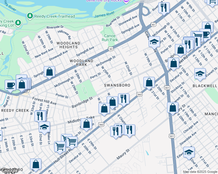 map of restaurants, bars, coffee shops, grocery stores, and more near 2515 Bainbridge St in Richmond