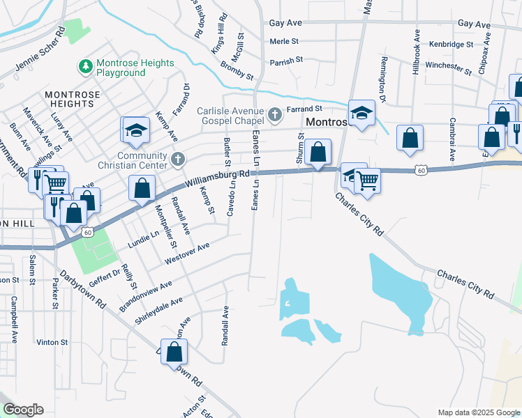 map of restaurants, bars, coffee shops, grocery stores, and more near 5117 Eanes Lane in Richmond