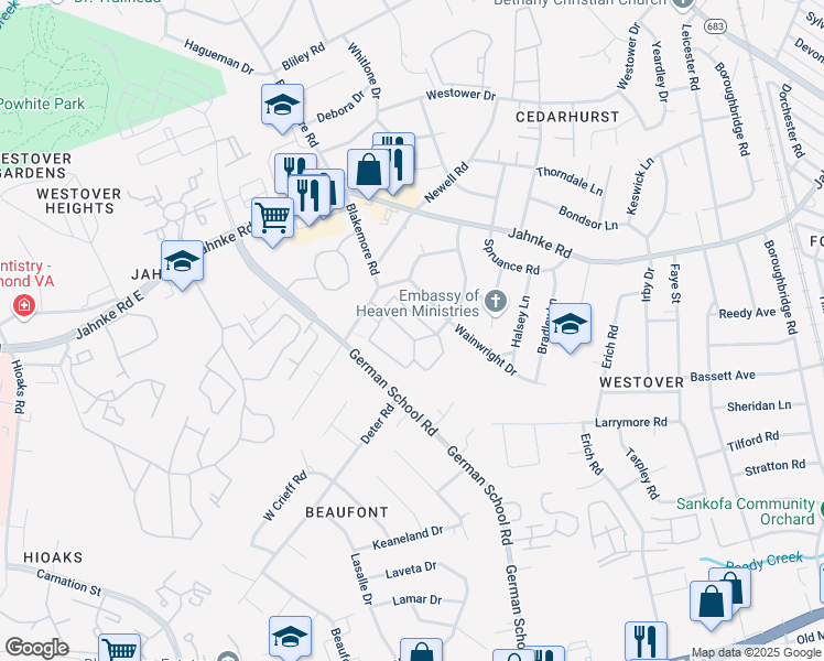 map of restaurants, bars, coffee shops, grocery stores, and more near 6006 Glenway Court in Richmond