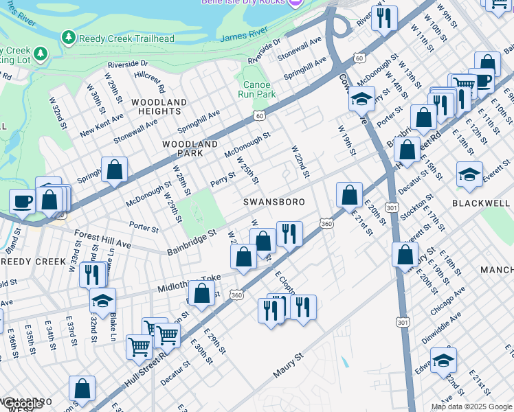 map of restaurants, bars, coffee shops, grocery stores, and more near 2513 Bainbridge Street in Richmond