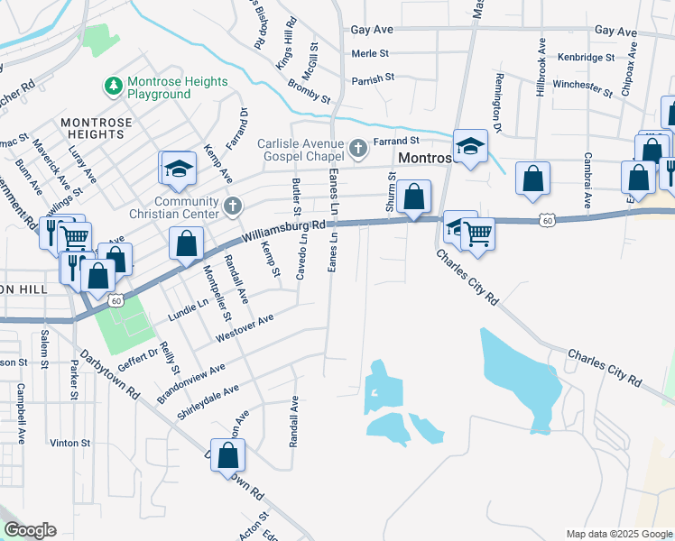 map of restaurants, bars, coffee shops, grocery stores, and more near 5117 Eanes Lane in Richmond