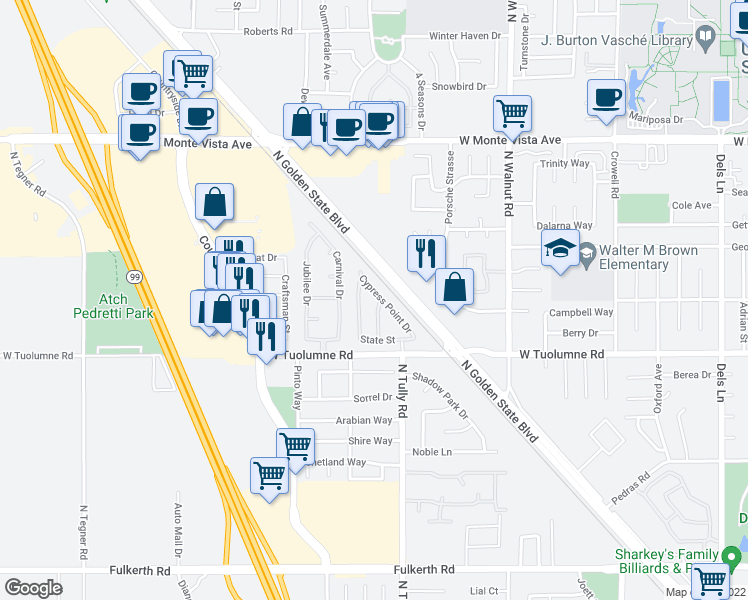 map of restaurants, bars, coffee shops, grocery stores, and more near 2601 Cypress Point Drive in Turlock