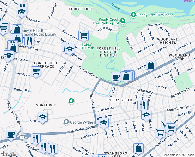 map of restaurants, bars, coffee shops, grocery stores, and more near 4004 Forest Hill Avenue in Richmond